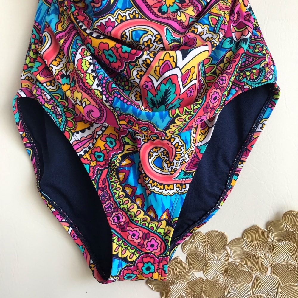 Ellen Tracy Navy Paisley Keyhole HighNeck Swimsuit - Picture 5 of 6